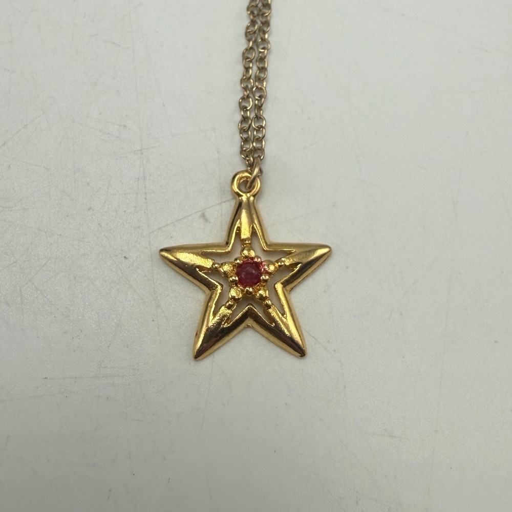 Vintage JJ Gold Tone Star Pendant Necklace Red Rhinestone Celestial Jewelry